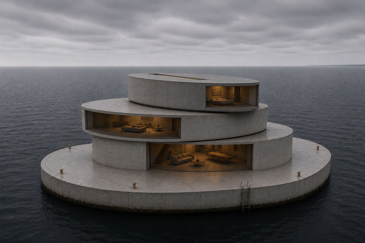 Die Vision: eine terrassierte Betoninsel mit Glasfronten im offenen Meer
